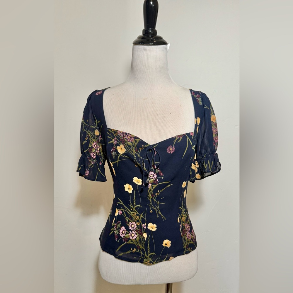 Reformation Navy Floral Blouse